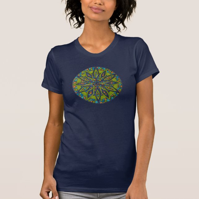 Grün/Blauer Starburst-Mandala-T-Shirt T-Shirt (Vorderseite)