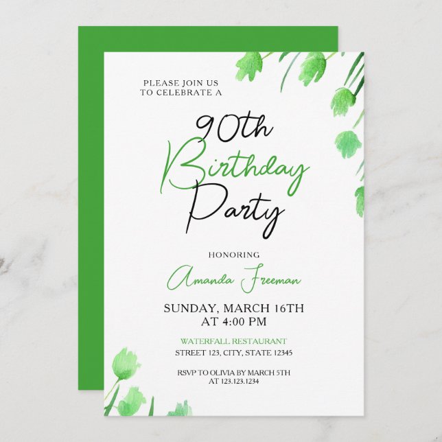 Grün blühende Weibchen 90. Geburtstag Einladung (Vorne/Hinten)