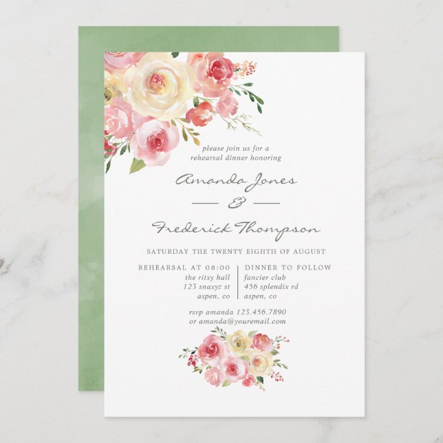 Grün blütenfarbene Probe Abendessen Einladung (Vorne/Hinten)