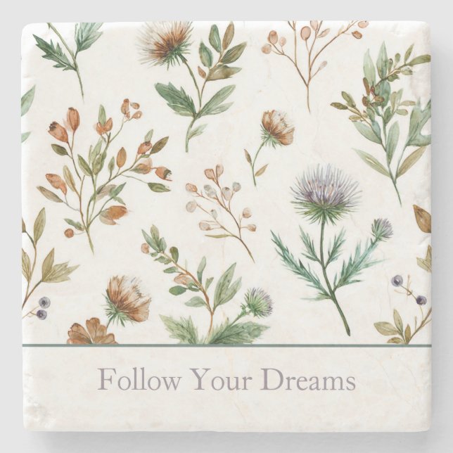 Grün Braun Creme Lila Blumen Steinuntersetzer (Vorderseite)