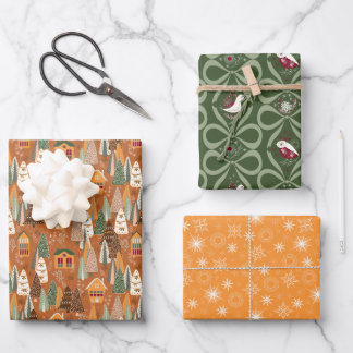 Grün Braun Orange Weihnachtswald Dorf Geschenkpapier Set
