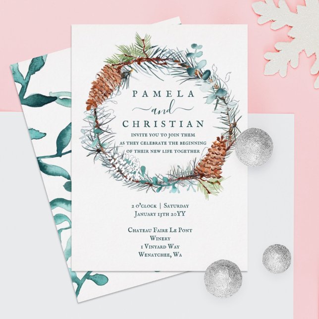Grün, Braun, Silberpinecone Kranz, Eukalyptus Folieneinladung (winter green eucalyptus leaves wedding invitation with silver foil pinecone rustic brown green)