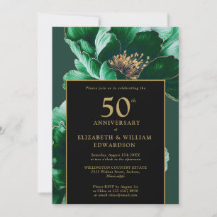 Grün Chic Floral Schwarz und Gold 50. Jubiläum Einladung