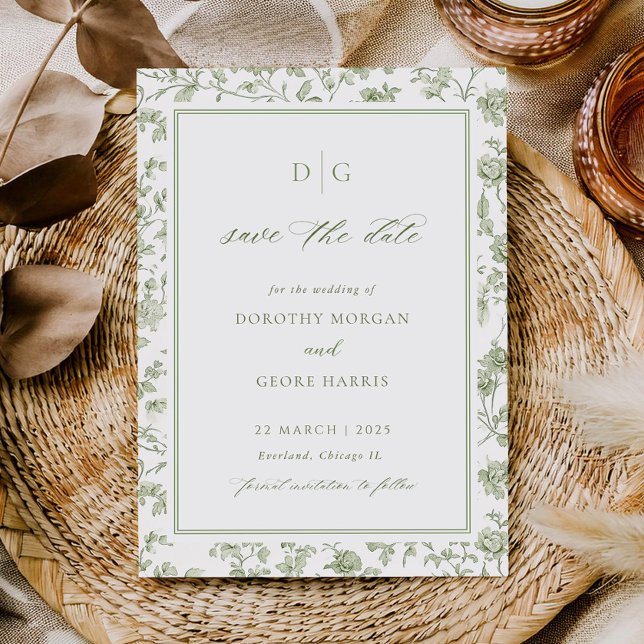 Grün Chinoiserie Save the Date Karte anzeigen (Von Creator hochgeladen)