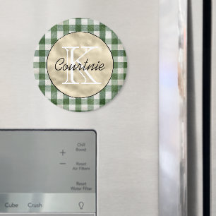 Grün creme kariert gestreift goldenes Monogramm Magnet