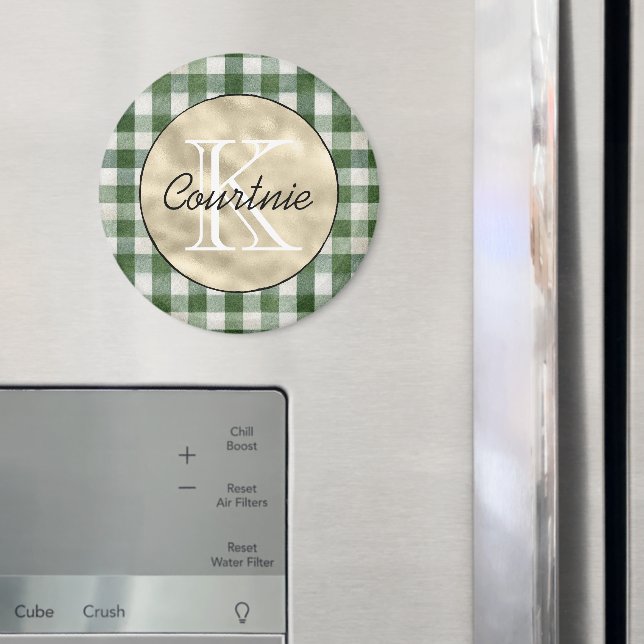 Grün creme kariert gestreift goldenes Monogramm    Magnet (In Situ (Kühlschrank))