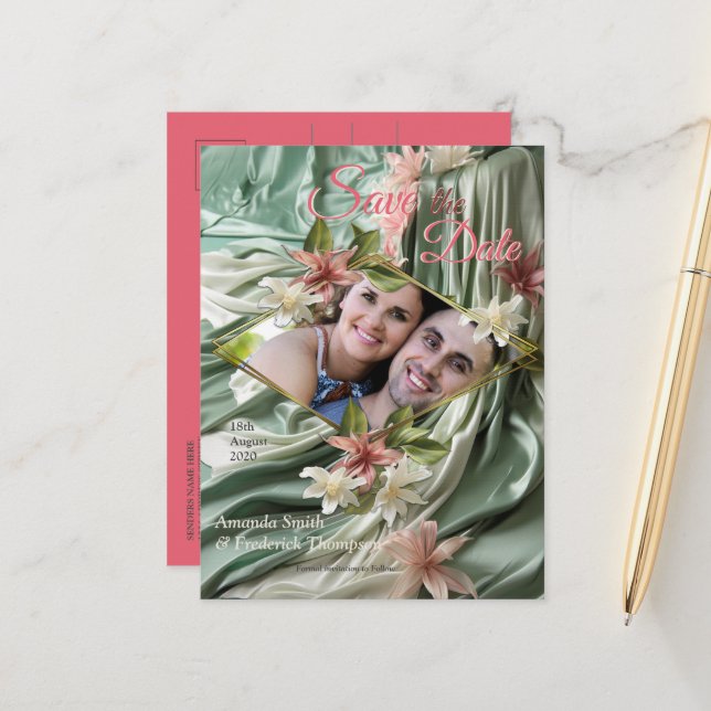 Grün, Creme, Seidenraupen und farbige Blume Ankündigungspostkarte (Vorderseite/Rückseite Beispiel)