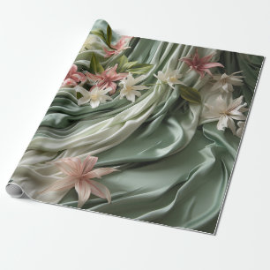 Grün, Creme, Seidenvorhänge & rosa Blumen Geschenkpapier