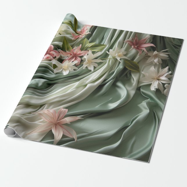 Grün, Creme, Seidenvorhänge & rosa Blumen Geschenkpapier (Ungerollt)