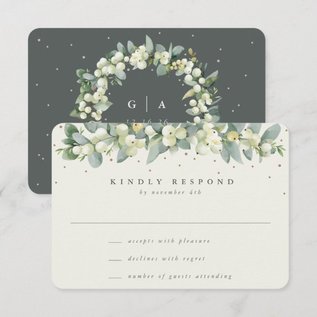 Grün/Creme Snowberry+Eukalyptus Garland Hochzeit RSVP Karte (Vorne/Hinten)