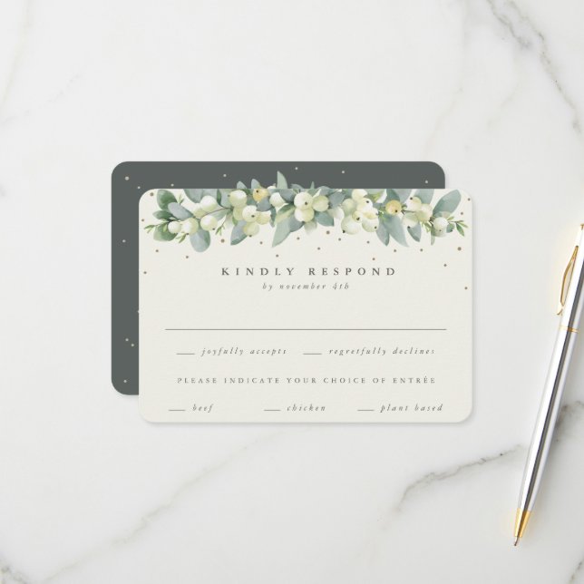 Grün/Creme Snowberry+Eukalyptus Garland Hochzeit RSVP Karte (Vorderseite/Rückseite Beispiel)