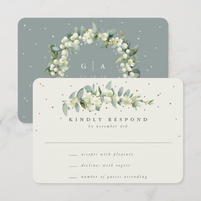 Grün/Creme Snowberry+Eukalyptus Stem Wedding RSVP Karte (Vorne/Hinten)