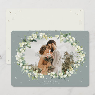 Grün/Creme Snowberry+Eukalyptus Wedding Foto Dankeskarte