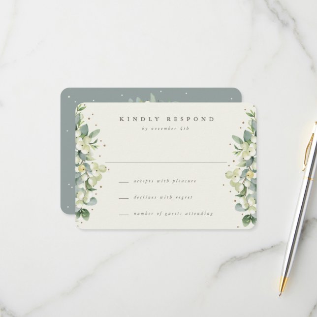 Grün/Creme Snowberry+Eukalyptus Wedding RSVP Karte (Vorderseite/Rückseite Beispiel)
