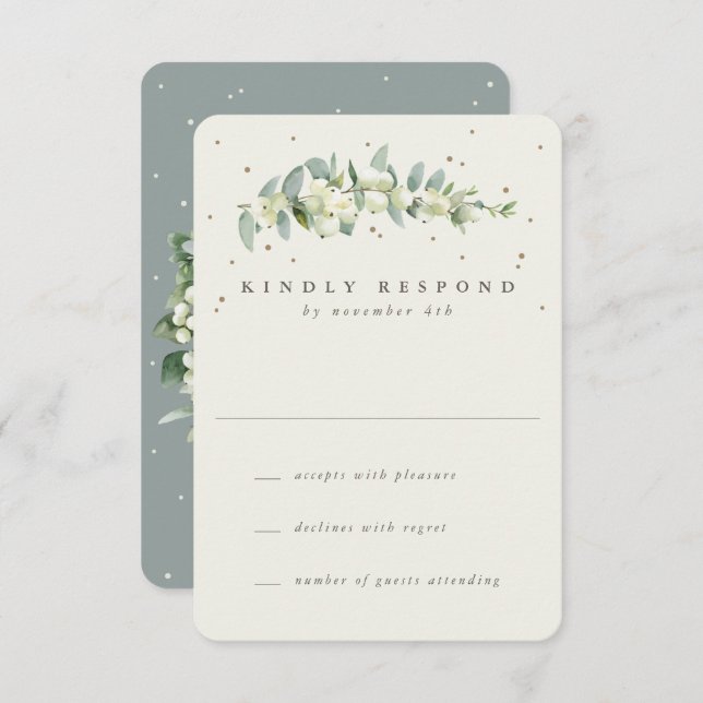 Grün/Creme Snowberry+Eukalyptus Wedding RSVP Karte (Vorne/Hinten)