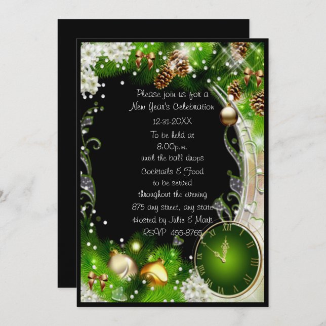 Grün die Uhr schlägt 12 Neujahrs-Party Einladung (Vorne/Hinten)