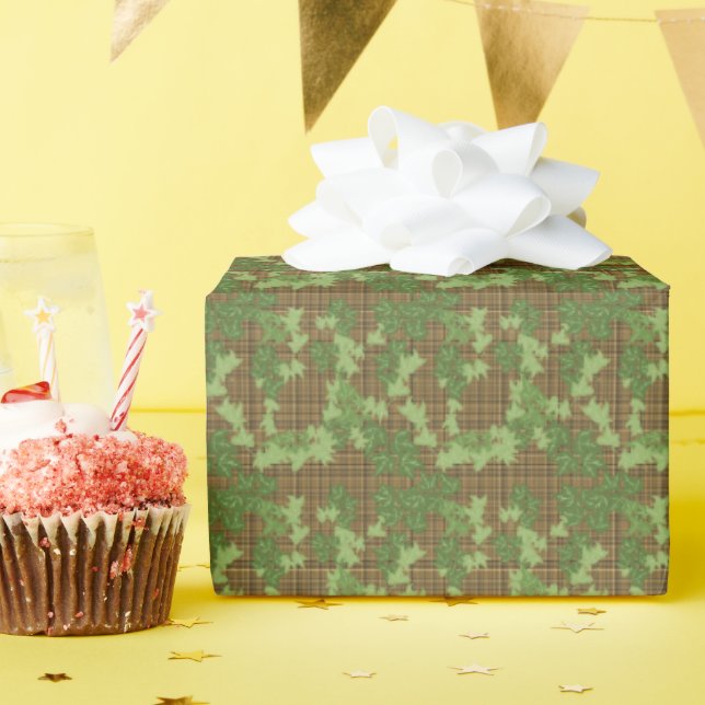Grün Efeu Braun Gold Kariert  Geschenkpapier (Geburtstagsparty)