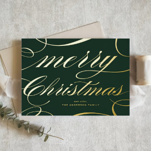 Grün Elegant Flourish Schriftzug Frohe Weihnachten Folien Feiertagskarte