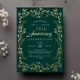 Grün Elegant Gold Blatt Jubiläum Folieneinladung