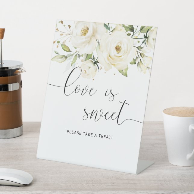 Grün Elegant Weiße Rosen Hochzeit Liebe ist süß Sockelschild (In SItu)