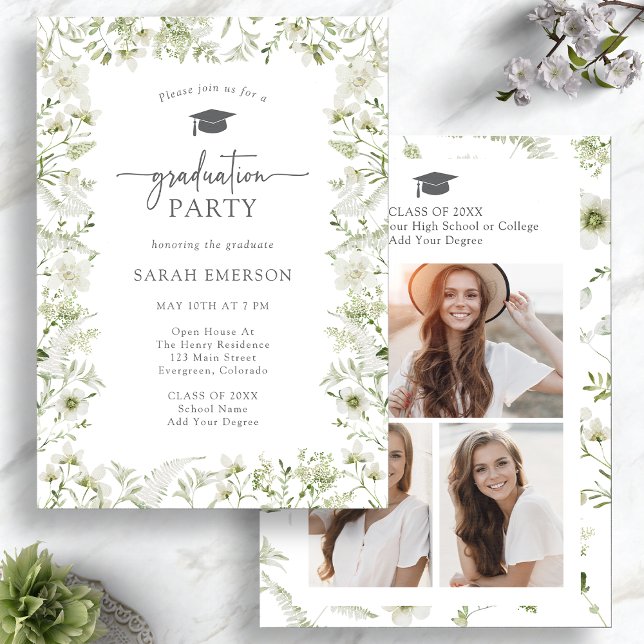 Grün Elegante Abschlussfeier Einladung (Watercolor Greenery Elegant Graduation Invitation Photo Collage by Painted Paperie
)