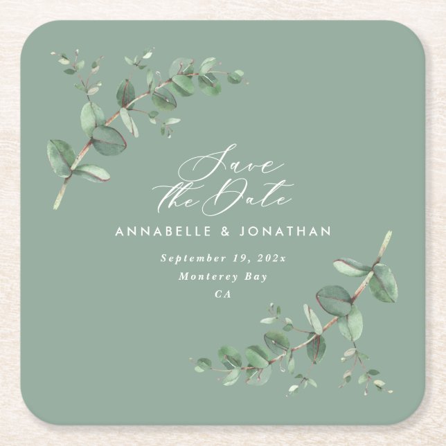 Grün eleganter moderner Eukalyptus Save the Date Rechteckiger Pappuntersetzer (Vorderseite)