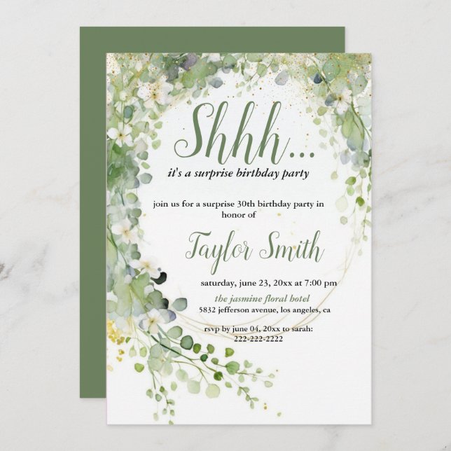 Grün elegantes Party mit floraler Überraschung lad Einladung (Vorne/Hinten)