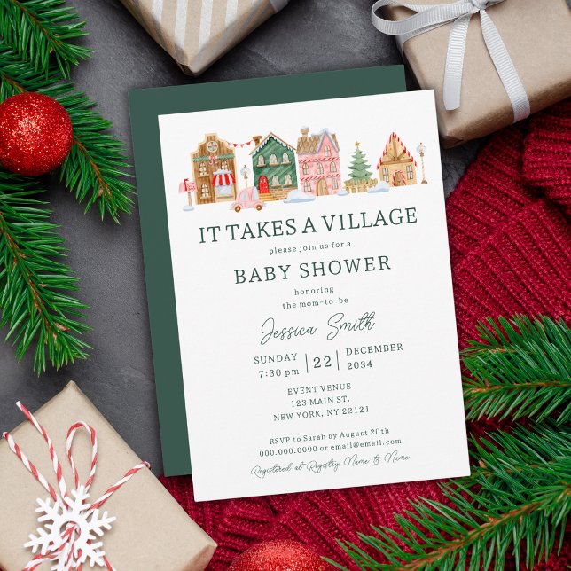 Grün es nimmt eine Weihnachtsdusche des Dorfes Einladung (Green It Takes A Village Christmas Baby Shower Invitation
)