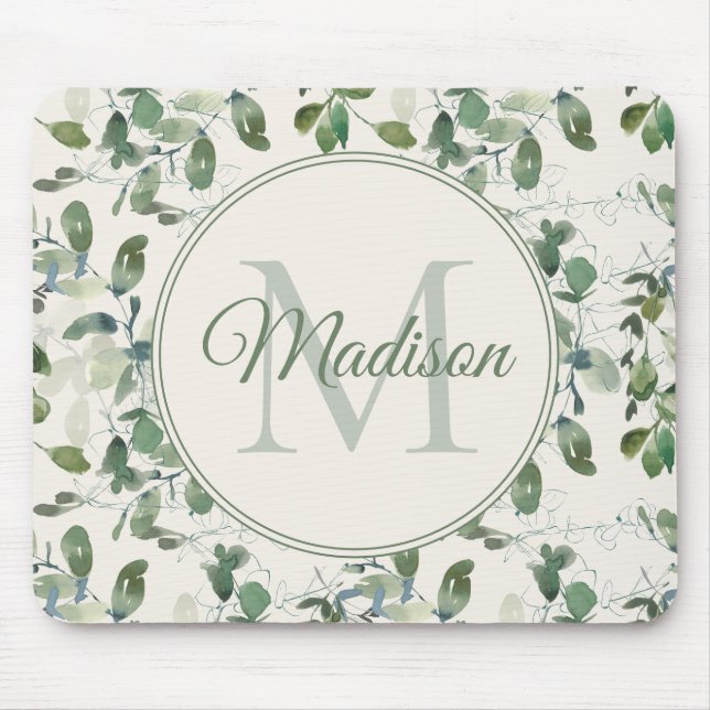 Grün Eukalyptus-Blätter Creme Monogram Name Mousepad (Vorne)