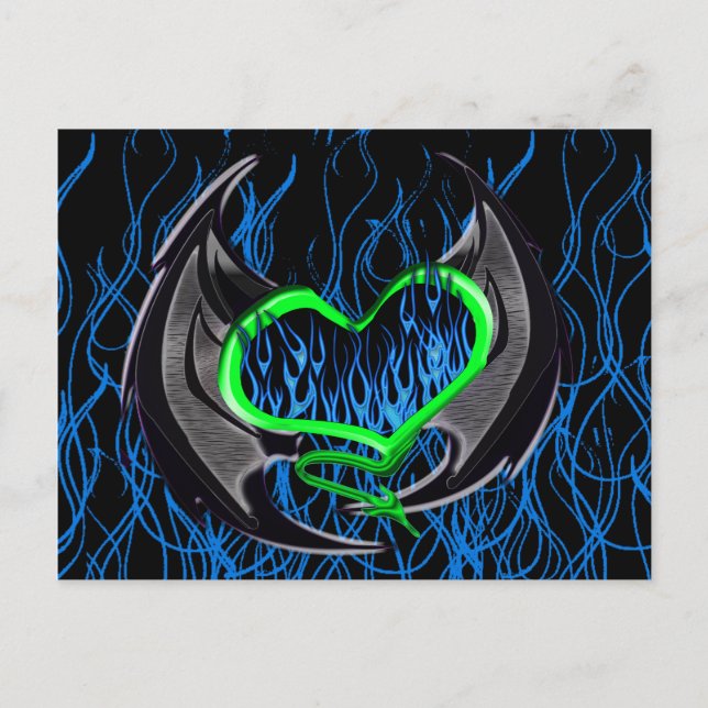 Grün flammendes Herz mit Bat Wings Postkarte (Vorderseite)