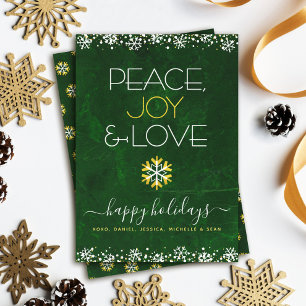Grün Frieden Freude Liebe Schneeflocke Typografie Feiertagskarte