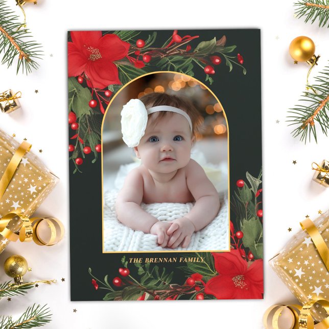 Grün frohe Weihnachten 1 Foto Botanische Grüne (Green Merry Christmas 1 Photo Botanical Greenery Holiday Card)