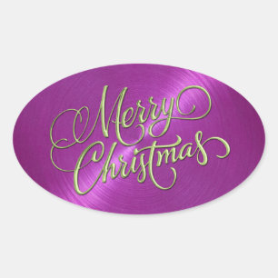 Grün frohe Weihnachten Magenta Rosa Embossed Look Ovaler Aufkleber