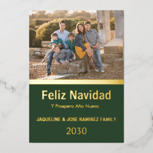 Grün Frohe Weihnachten Spanische Familienfoto Gold Folien Feiertagskarte