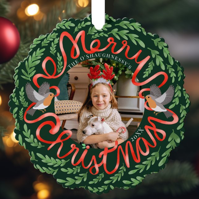 Grün frohe Weihnachts-Folk Foliage Wreath-Foto Ornament Karte (Von Creator hochgeladen)