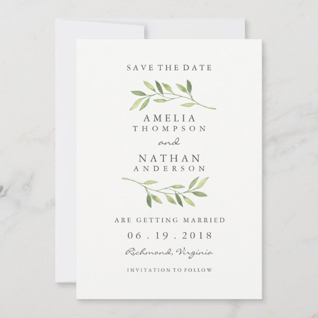 Grün gedecktes Blatt für die Hochzeit speichern da Save The Date (Vorderseite)