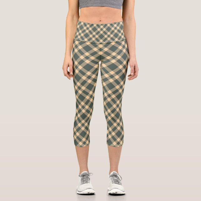 Grün Gelb Karomuster Capri Leggings (Vorderseite)