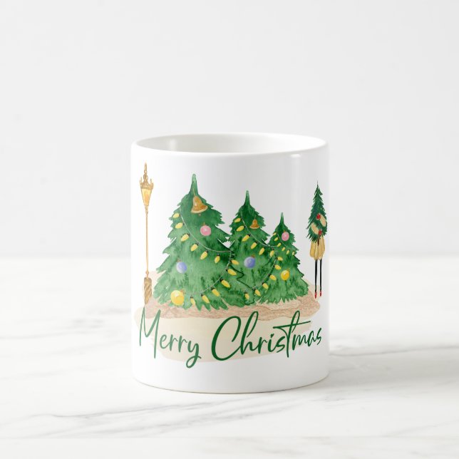 Grün-Gelb-Wasserfarben-Weihnachtsbaum Kaffeetasse (Mittel)