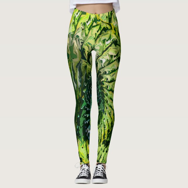 Grün Gelbe Fraktal-Kunst Leggings (Vorderseite)