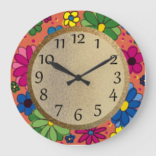 Grün Gelbe Rosa Handgezeichnete Blumen Orange Kind Große Wanduhr