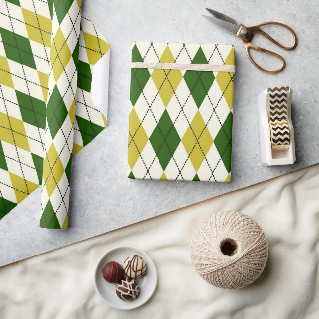 Grün-gelbes Argyle-Muster Geschenkpapier (Kunsthandwerk)