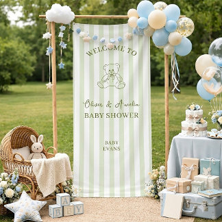 Grün gestreifter Teddybär Baby Shower Willkommen Banner