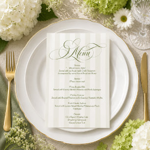 Grün gestreiftes elegantes Skript Hochzeitsmenü Einladung