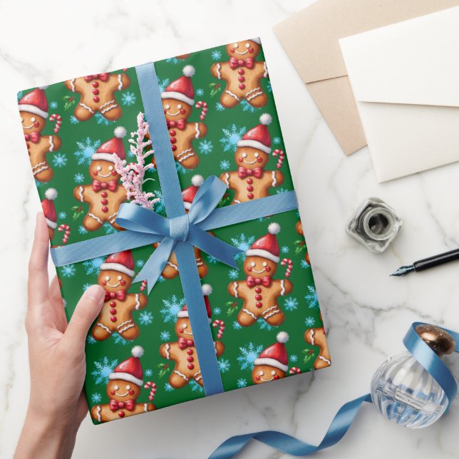 Grün Gingerbrot Mann Snowflake Muster Geschenkpapier (Schenken)