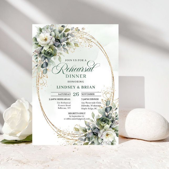 Grün Gold Aquarell Probe Dinner Einladung (Green Gold Watercolor Rehearsal Dinner Invitation)