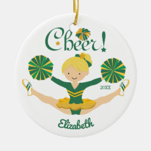 Grün & Gold Cheer Blond Cheerleader Ornament