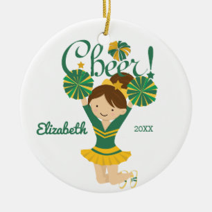 Grün & Gold Cheer dunkelhaariges Cheerleader-Ornam Keramikornament