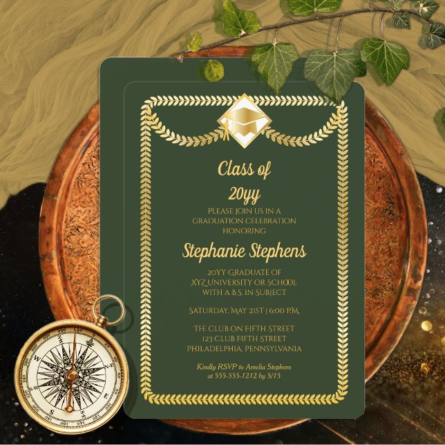 Grün | Gold Serpentine Graduation Party Einladung (Elegant Green | Gold Tone Serpentine Grad Cap  College University Graduation Announcement | Party)