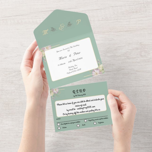 Grün , Gold und Blume All In One Einladung (Abreißtisch)