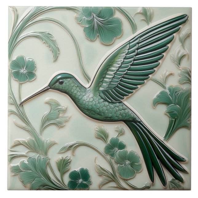 Grün Imitate Erleichterung Art Nouveau Hummingbird Fliese (Vorderseite)
